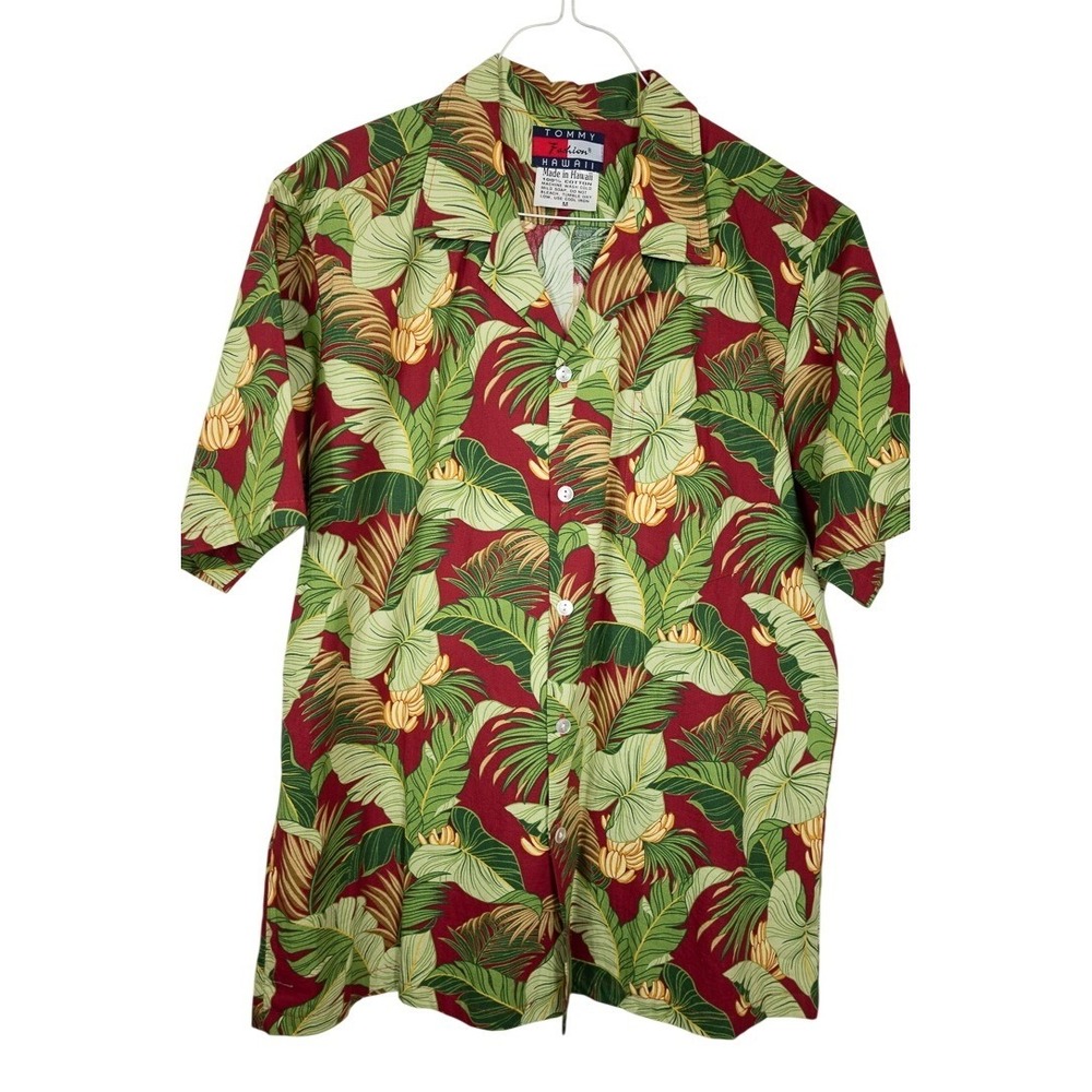 Tommy Fashion Hawaii Mens Vintage Aloha Shirt Red Tropical Banana Leaf Cotton M
